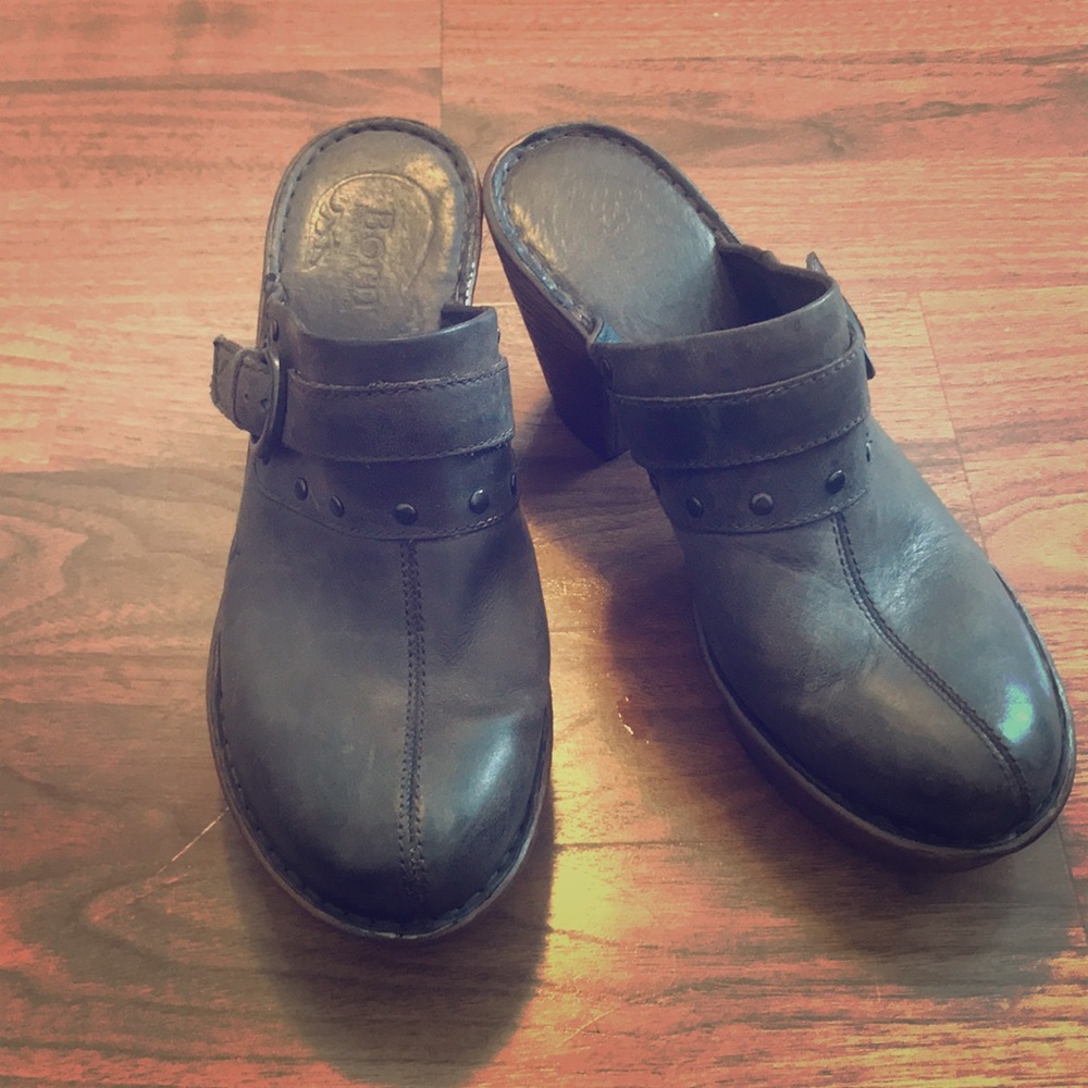 Born Grey Leather Heeled Clogs